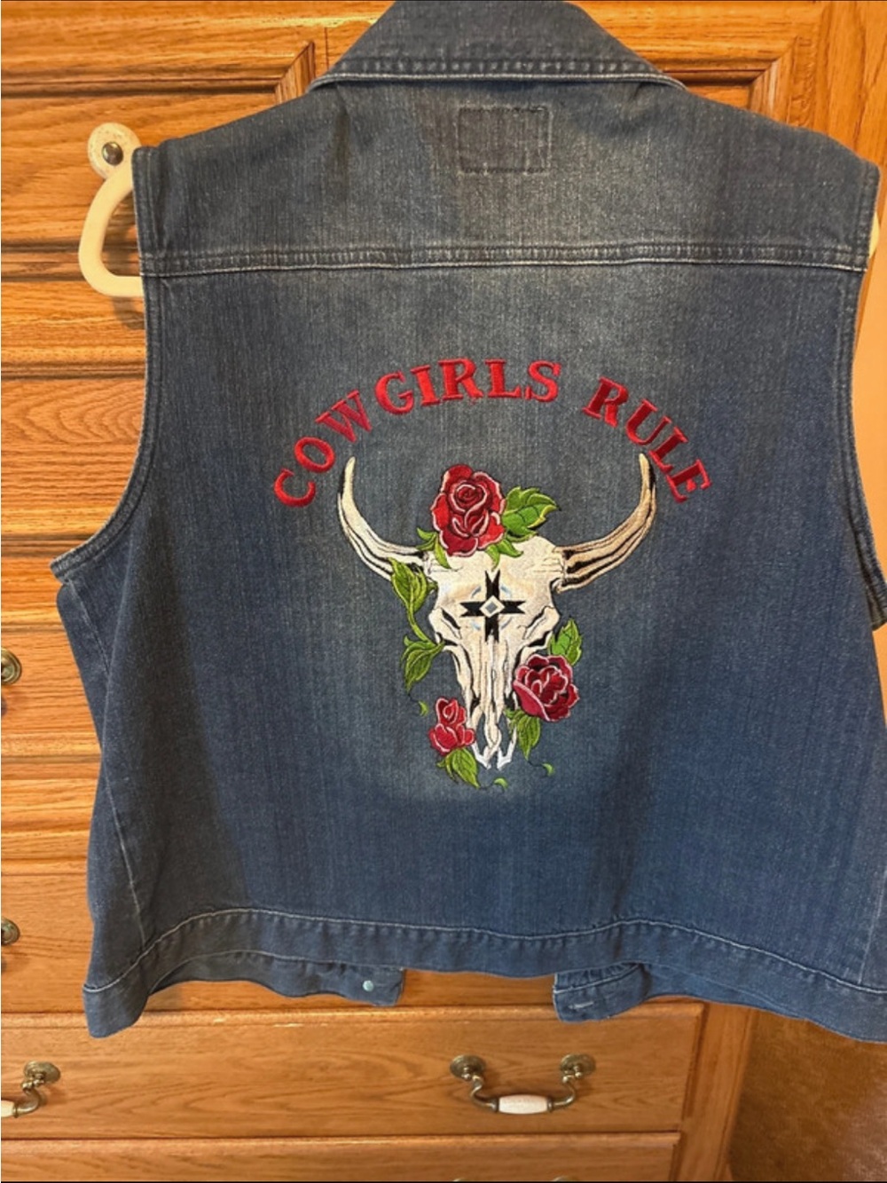 Cabela's Dark Blue Denim Vest with Red Embroidered 'Cowgirls Rule'